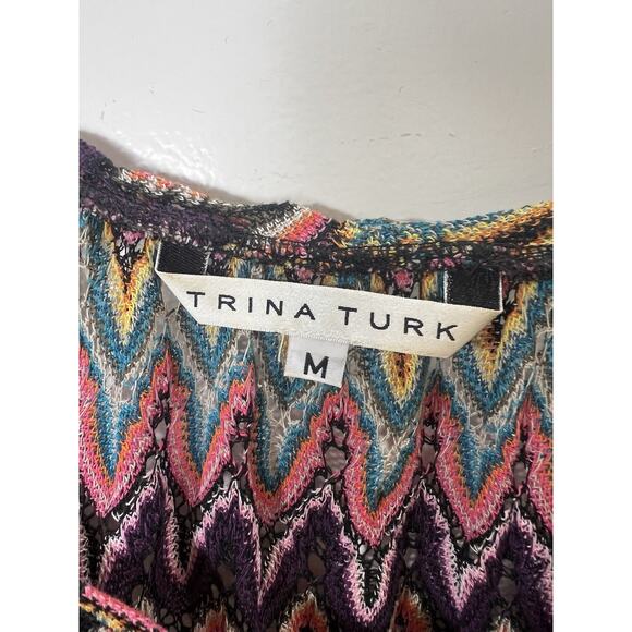 Trina Turk Women’s Knit Blouse Sz M Multicolor Vibrant Boho Gypsy Hippie Rainbow - Picture 4 of 8